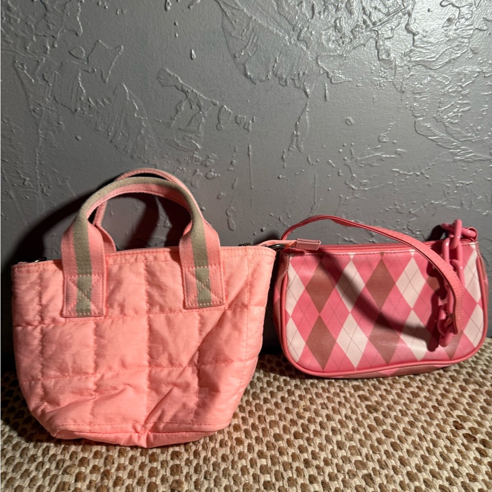 Pink Quilted Tote and Argyle Shoulder Bag Set